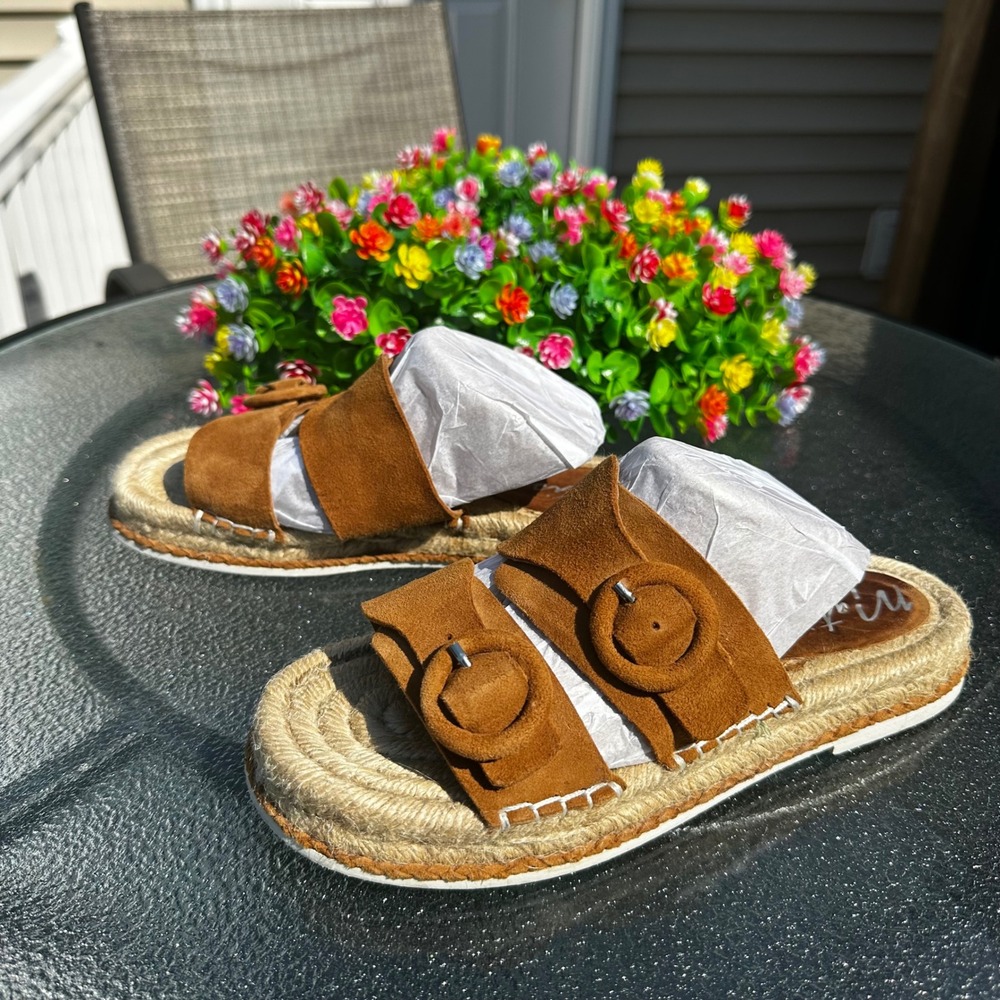 Matisse Cape Brown Suede Double Buckle Espadrille Slide Sandals Womens 7M Casual